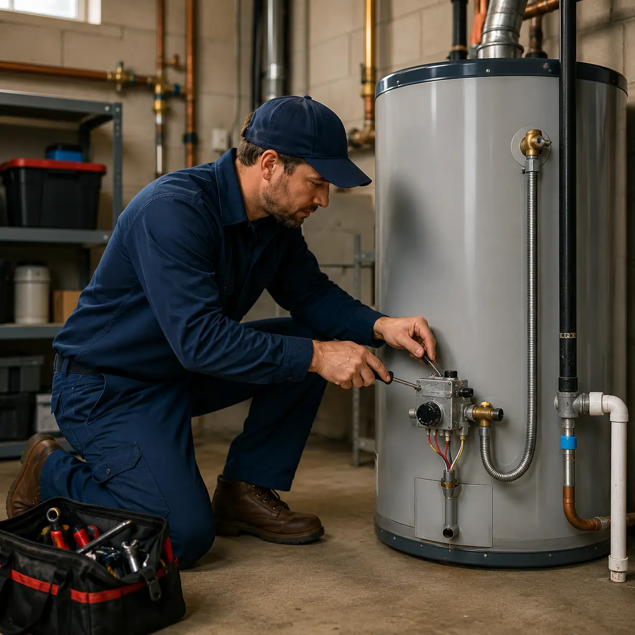 Technician inspecting water heater connections and safety components