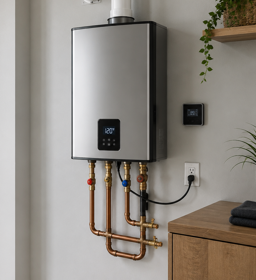 Modern tankless water heater installation